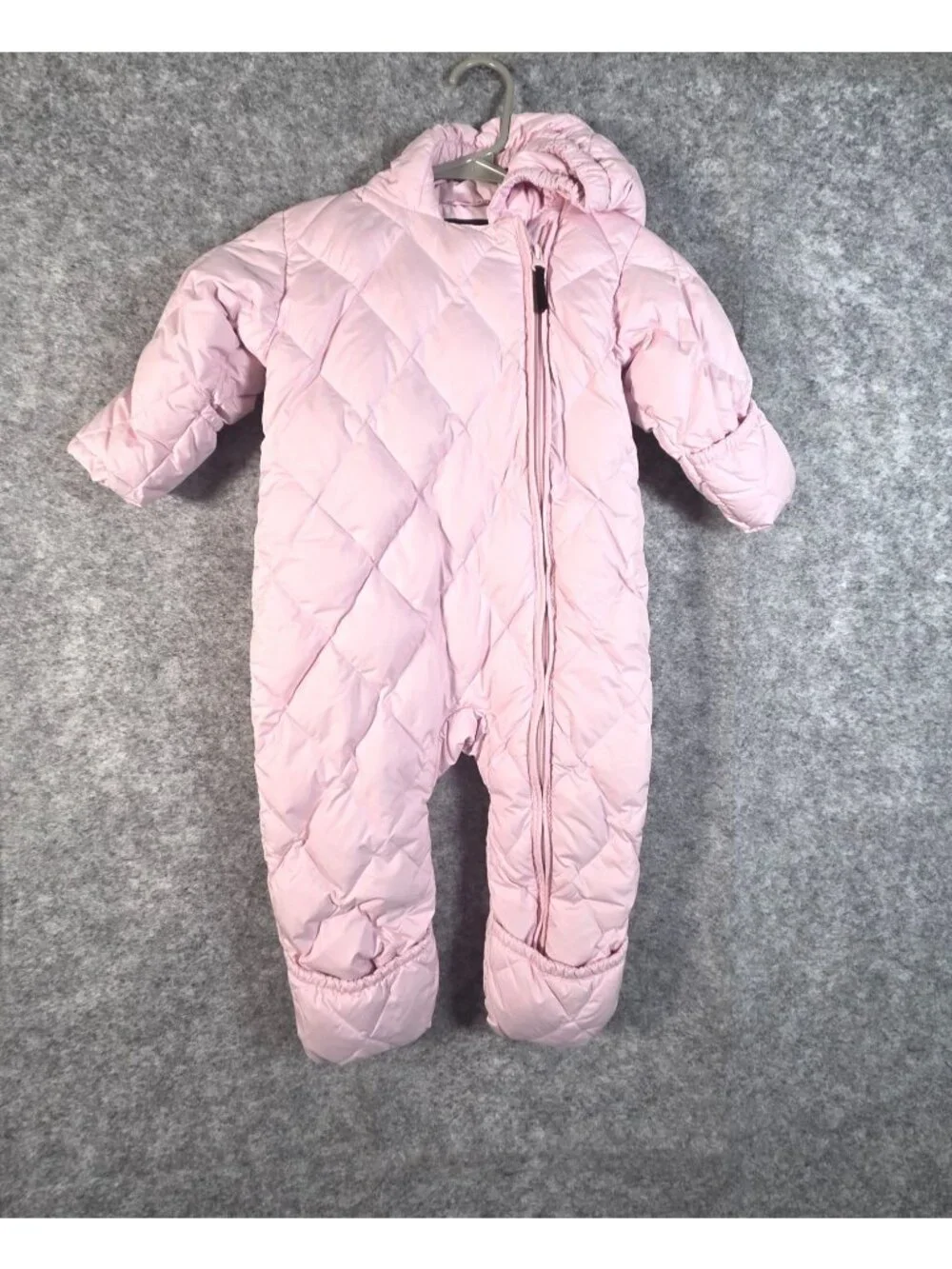 Lands’ End Baby Pink Quilted Hooded Snowsuit Fold Over Mittens Booties 12-18 Mon